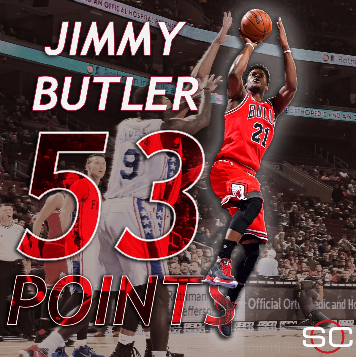 SportsCenter's tweet photo. Jimmy Butler is 🔥🔥🔥!

He drops a career-high 53 Pts in Bulls' comeback OT win over 76ers. https://t.co/L22Io6mBg5