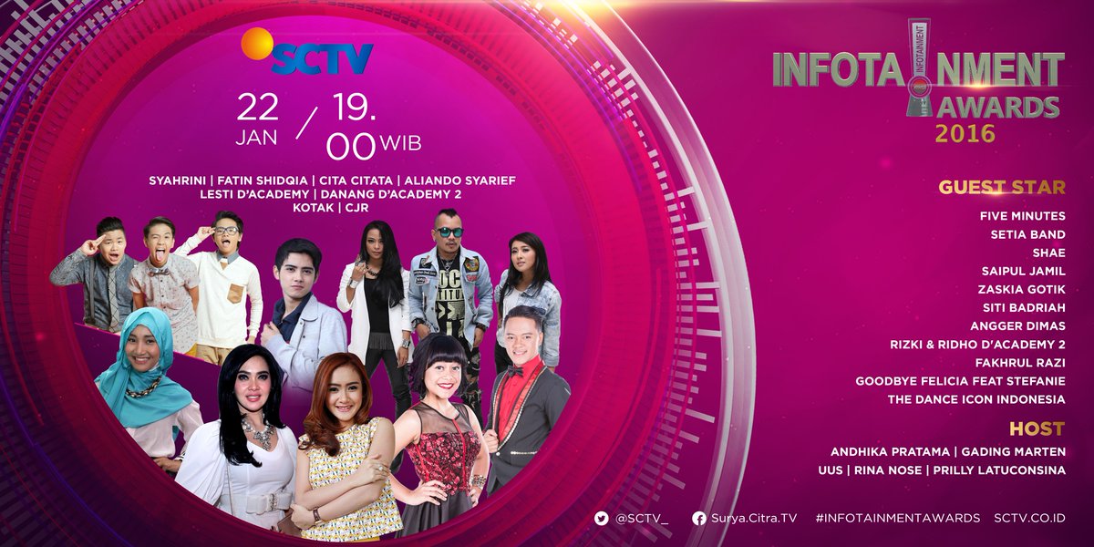 Nantikan <a href="/CJRisCJR/">CJR</a> <a href="/alysyarief/">Aliando Syarief.</a> &amp; <a href="/PrillyBie/">Prilly ☘️</a>.
LIVE, 22 januari 2016, pkl 19.00 WIB #MenujuInfotainmentAwards.