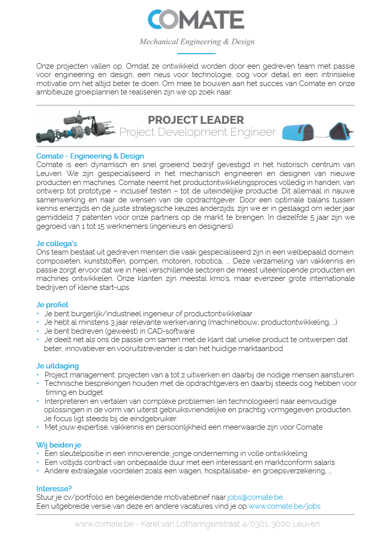 ComateEngineers's tweet image. #Comate zoekt een #Project #Leider #Productontwikkeling #Ingenieur #BEjobs Bedankt voor RT! comate.be/jobs