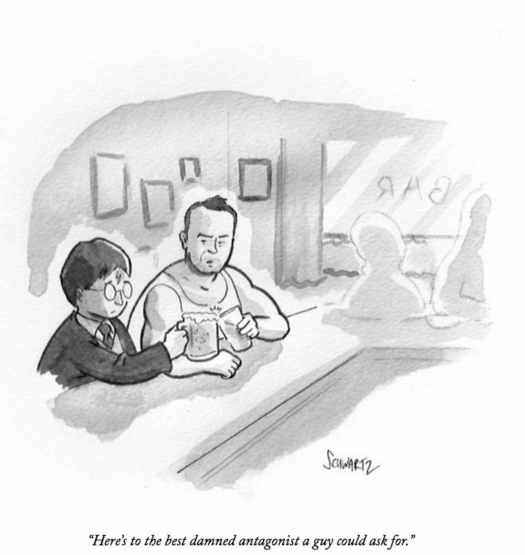 dwuori's tweet photo. From The New Yorker: John McClane and Harry Potter drink to Alan Rickman. https://t.co/FpEqLCgcwu