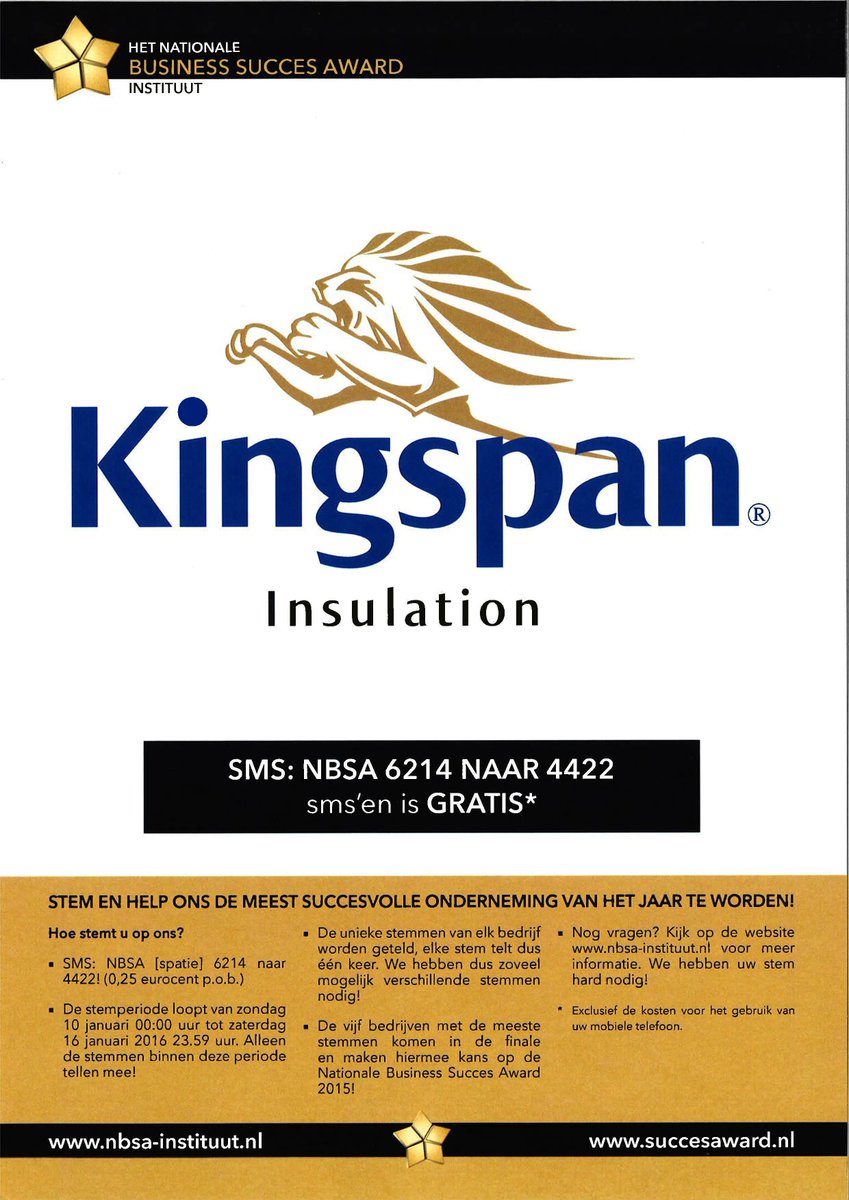 KingspanIns_NL's tweet image. Help en stem op Kingspan als meest succesvolle onderneming 2015! Sms gratis NBSA 6214 naar 4422. @succesfactor
