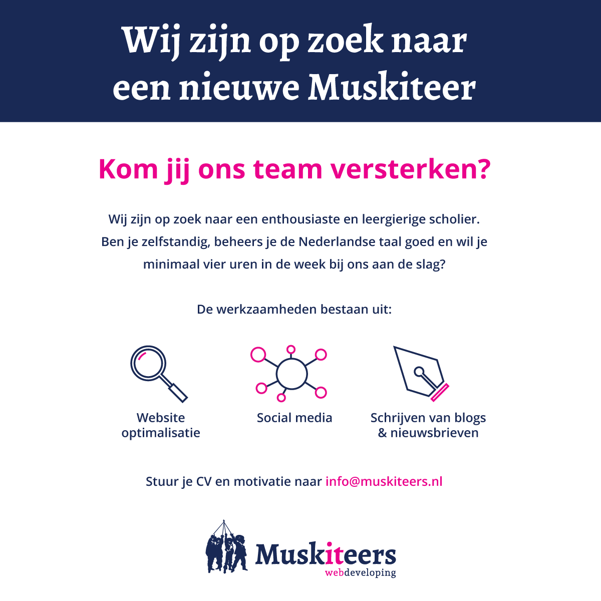 MuskITeersweb's tweet image. Muskiteers heeft een nieuwe vacature voor jonge, gedreven scholieren. Bekijk de vacature op: muskiteers.nl/vacatures/