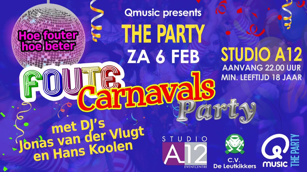 ZA 6 Feb Foute Carnavals Party van <a href="/QmusicNL/">Qmusic (NL)</a> in <a href="/StudioA12/">Studio A12</a>