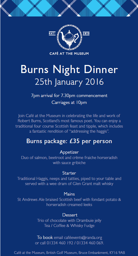 WorldGolfMuseum's tweet photo. Contact @cafeatthemuseum to book your table for supper on #BurnsNight...getting hungry already. #StAndrews #haggis https://t.co/v6saHjqoId
