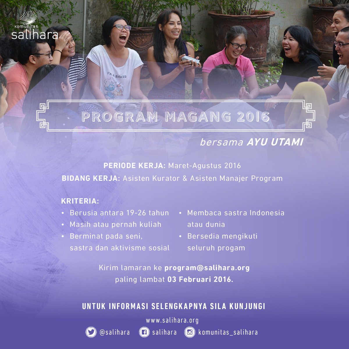 "<a href="/salihara/">Salihara Arts Center</a>: Ingin magang menjadi asisten kurator &amp; asisten manajer program di Salihara? bit.ly/1PRXQgY "