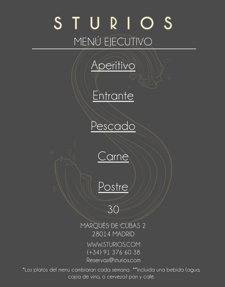 SturiosMadrid's tweet photo. Disfruta de nuestro nuevo menú ejecutivo. Reserva tu mesa en, reservas@sturios.com o llamando al 913766038 #sturios https://t.co/tnVb91uypZ