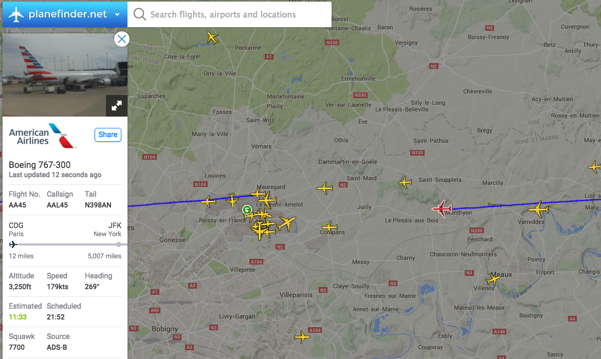 airlivenet's tweet photo. UPDATE American Airlines Boeing 767-300 flight #AA45 is now on final approach to CDG. Live: https://t.co/Dba3Q357I2 https://t.co/mPVNE7jDym