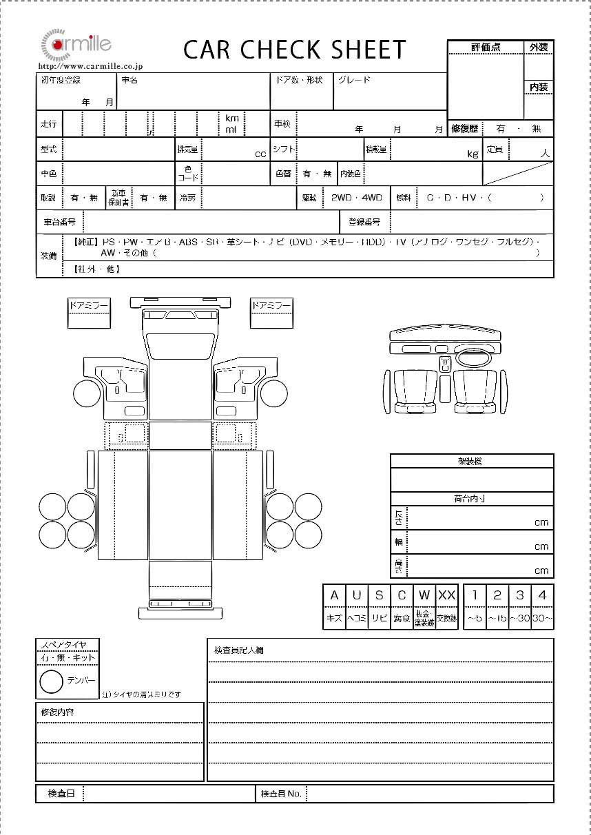 Ryo Kutsuoka Artk R 昨年のお仕事紹介第3弾 神戸の摩耶埠頭にある車輌検査会社のカーミル様より 自動車検査 表のリデザイン 自動車検査表というのはいわゆる中古車査定などでおクルマのキズやへこみフレームやパーツのゆがみを書き込んでいく表なんで