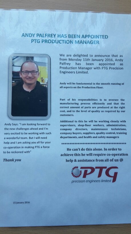 PTGPrecision's tweet image. PTG are pleased to announce Andy Palfrey as our new Production Manager. We wish @andypalfey all the best.