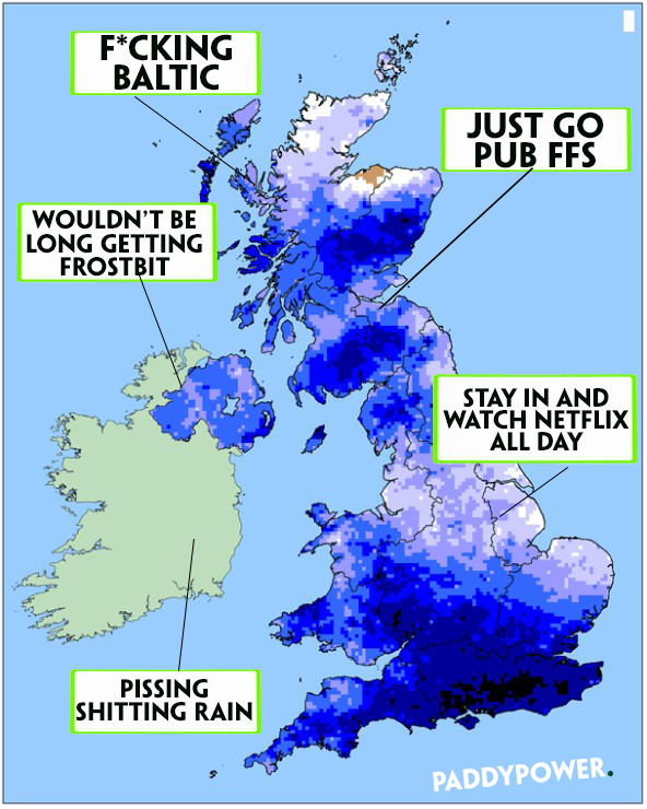 paddypower's tweet photo. Weather getting seriously cold now. You're probably wondering what the weekend will be like, so here you go: https://t.co/LqYngNm9t4