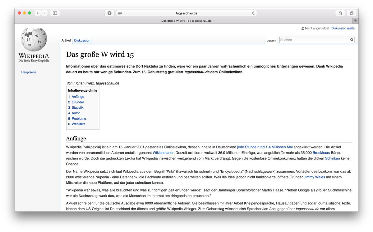 konradweber's tweet photo. Ziemlich toll: @tagesschau gratuliert @Wikipedia zum 15. Geburtstag in speziellem Layout: https://t.co/HVyyf1IKQY https://t.co/thhMfrumhY