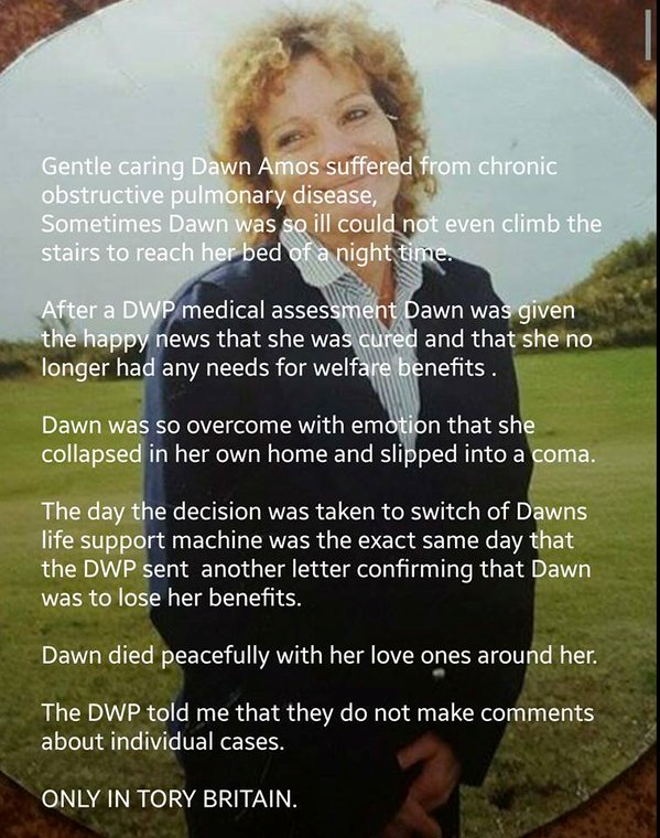 Disgusting& shameful #DWP #IDS #Cameron #Osborne #DawnAmos #COPD #FitToWork #WCA #PIP #Benefits #mentalhealth #bbcdp