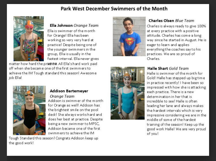 MPSCswimming's tweet photo. Congratulations Park West Swimmers of the Month! #MPSCStrong https://t.co/xioGgvzpsN