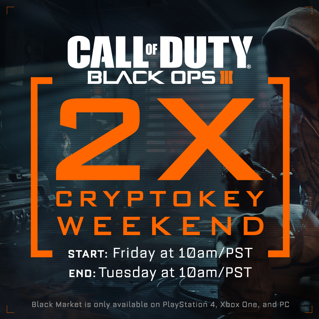 Treyarch's tweet image. Our #2xCryptokey weekend is underway...let's get some!