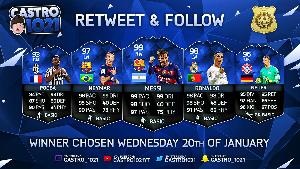 RETWEET &amp; FOLLOW FOR A CHANCE AT THESE 5 TOTY PLAYERS!

#EAFUTPOSSIBLE WINNERS! Woooooo :D

twitch.tv/castro_1021