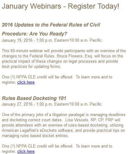Paralegals: via <a href="/NFPA_Paralegals/">NFPA</a> Jan 2016 Webinars | More info/register paralegals.org