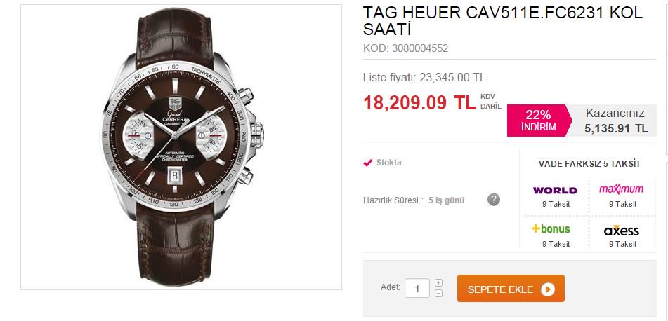 alisverismaniac's tweet photo. ŞOK FİYAT 
TAG HEUER CAV511E.FC6231 KOL SAATİ
KOD: 3080004552
Liste fiyatı: 23,345.00 TL  
Fiyat : 18,209.09 TL https://t.co/566JKyHxBy