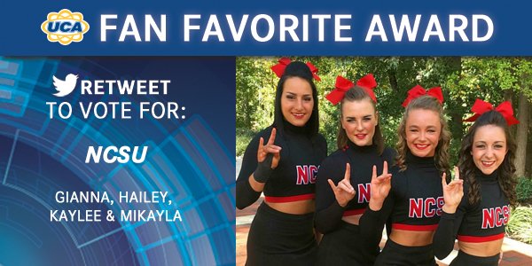 RT to vote NOW for Hailey, Kaylee, Gianna &amp; Mikayla! #UCAnationals