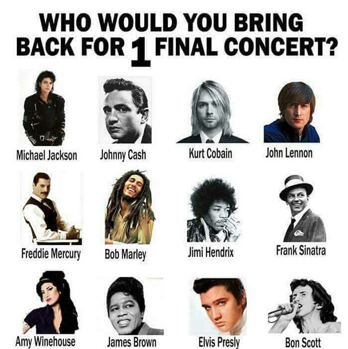 #concert #JohnnyCash #KurtCobain #FreddieMercury #johnlennon75 #elvispresley I'd go with Freddie Mercury!