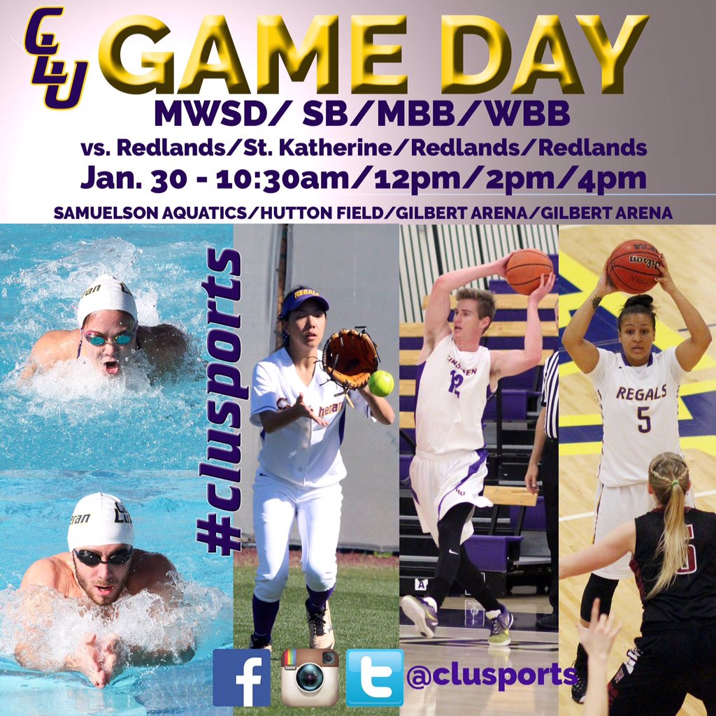 Cal Lutheran Athletics (@clusports) on Twitter photo Brace yourself for a BUSY SATURDAY with <a href="/CLUSwimDive/">CLU Swim & Dive</a>, <a href="/CLUSoftball/">Regals Softball</a>, <a href="/CLUmBasketball/">Kingsmen Basketball</a> and <a href="/CLUwBasketball/">Regals Basketball</a>! #clusports Brace yourself for a BUSY SATURDAY with <a href="/CLUSwimDive/">CLU Swim & Dive</a>, <a href="/CLUSoftball/">Regals Softball</a>, <a href="/CLUmBasketball/">Kingsmen Basketball</a> and <a href="/CLUwBasketball/">Regals Basketball</a>! #clusports