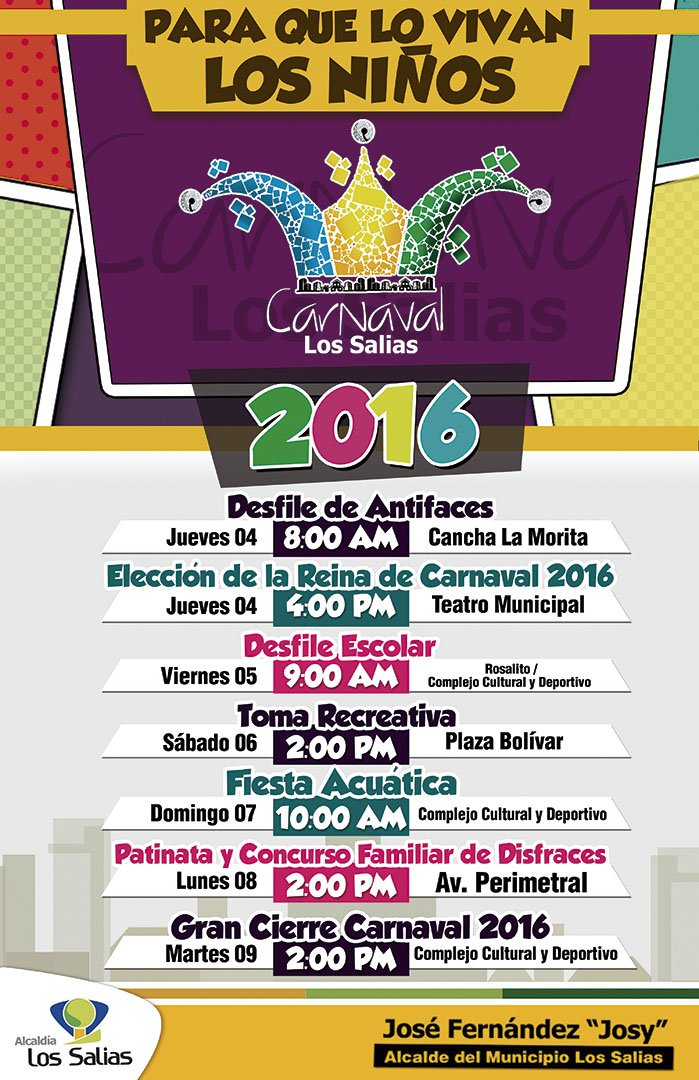 AlcaldiaSAA's tweet photo. Alcalde @JosyFernandez te invita a las actividades del Carnaval Los Salias 2016 #ParaQueLoVivanLosNiños https://t.co/BYY9cfTNSO