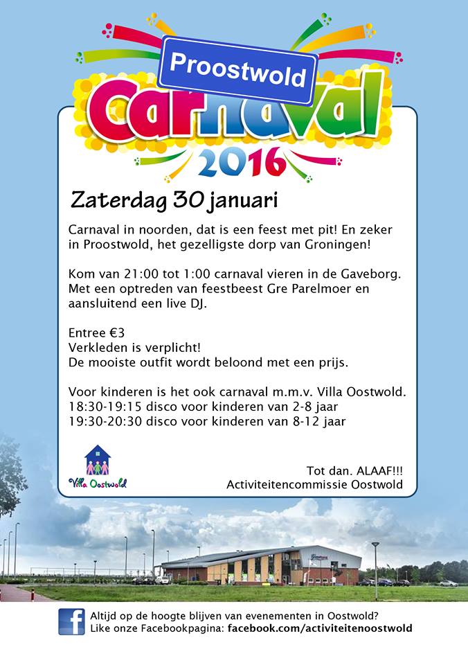 Oostwoldwk's tweet photo. Vand.@Gaveborg Proostwold Carnaval @greparelmoer komt allen carnavalsoutfit 18:30 2-8jr,19:30 8-12jr, v.a. 21:00>12 https://t.co/1vQc9aluP2