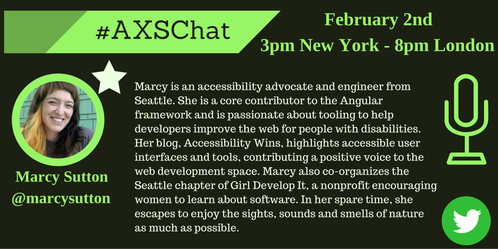 AXSChat's tweet image. Tuesday on #AXSChat, @akwyz @debraruh @NeilMilliken are talking with
@marcysutton. #a11y #a11ywin #weneedyou
