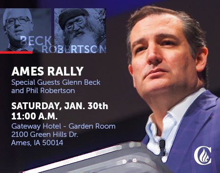 tedcruz's tweet photo. #CruzCrew: Join @glennbeck, Phil Robertson &amp; me in Ames https://t.co/DSSgoPiZ6l &amp; Sioux City https://t.co/Y9vm0UFIrR https://t.co/BJUomrNny6