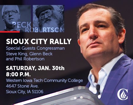 tedcruz's tweet photo. #CruzCrew: Join @glennbeck, Phil Robertson &amp; me in Ames https://t.co/DSSgoPiZ6l &amp; Sioux City https://t.co/Y9vm0UFIrR https://t.co/BJUomrNny6