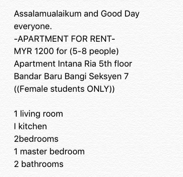 eseyalep's tweet photo. Apartment untuk disewa, Area Bangi Seksyen 7 (Female Students Only) 📢📢

tolong share kan guys💕💕 https://t.co/zJuJnifXDZ