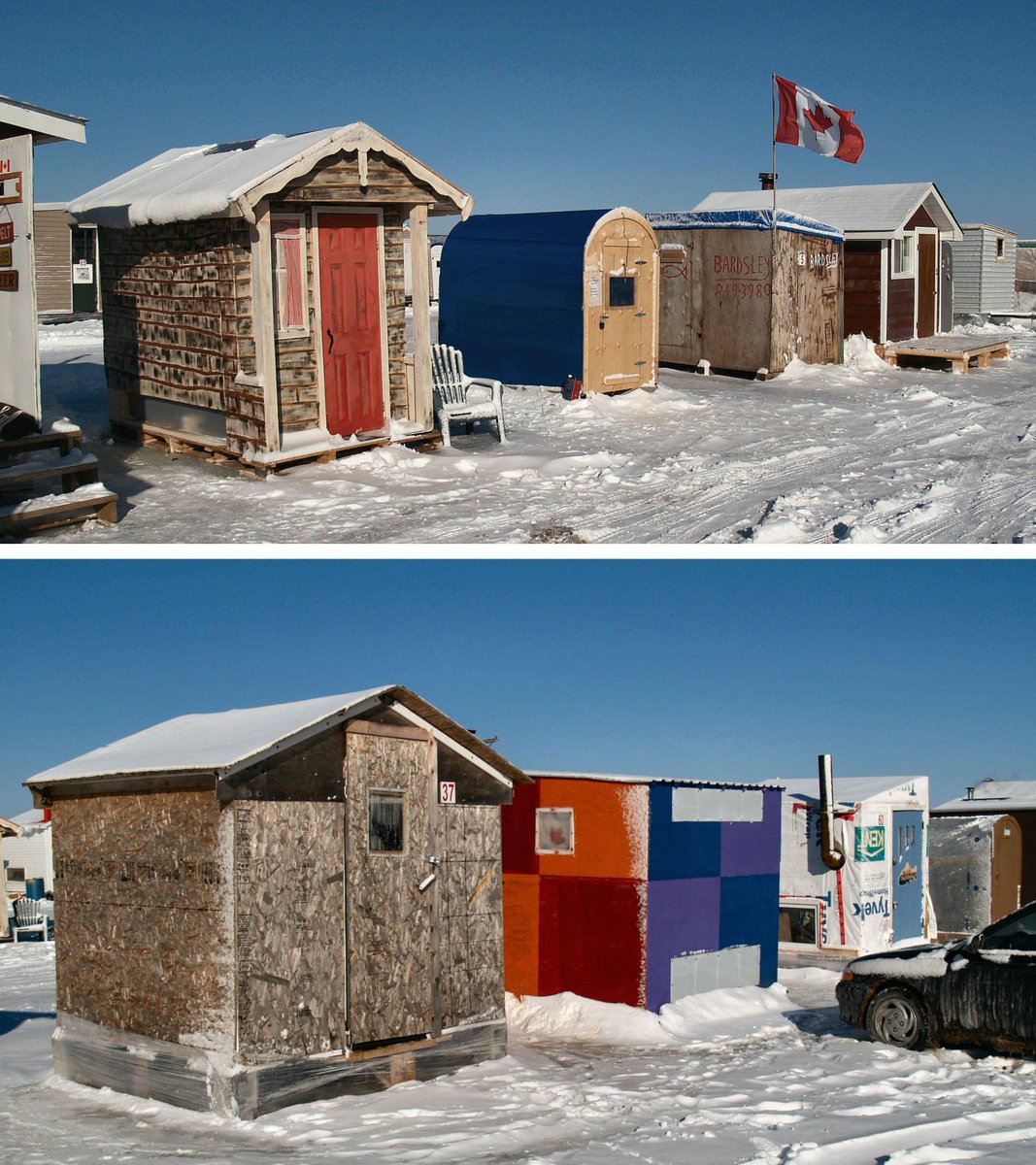 JohnnyLeroux1's tweet image. The eclectic variety &amp;amp; personality of the ice fishing shacks at the #Renforth Beach Wharf near @Rothesay_NB #NBarch