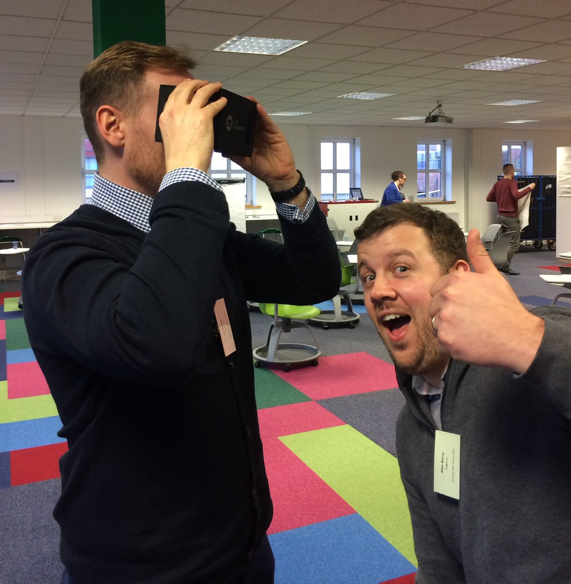 Ian_Farrar's tweet photo. Playing with @googlecardboard @GooCardboardBot at the @FabLabSund photobombed too! @UoS_CaPE #LEAPProgramme https://t.co/TJy5tKjLIe