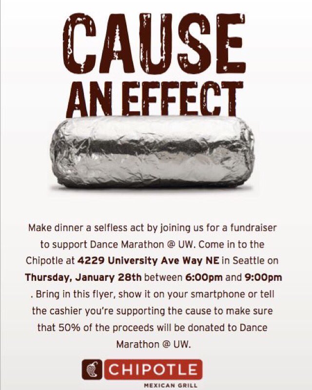 DMatUW's tweet photo. See you tonight from 6-9 @ Chipotle on the Ave! Mention DM & 50% of your total will be donated to @seattlechildren!🌯 https://t.co/NIzW9k0aYM