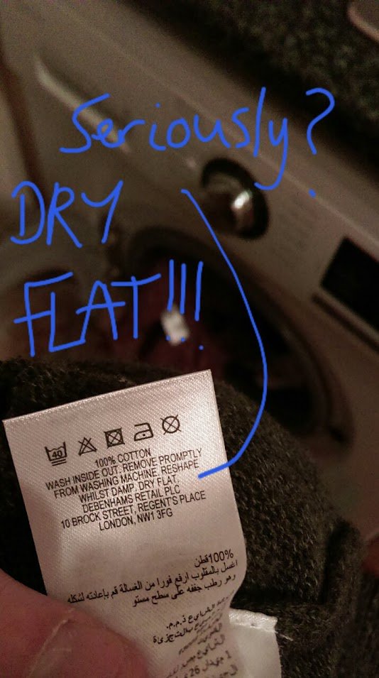 mrdavidjwatts's tweet photo. Dry jumper flat? The only flat surface I'd that on is the bathroom floor but I'd have to clean it first @Debenhams https://t.co/KZubRaGTSO