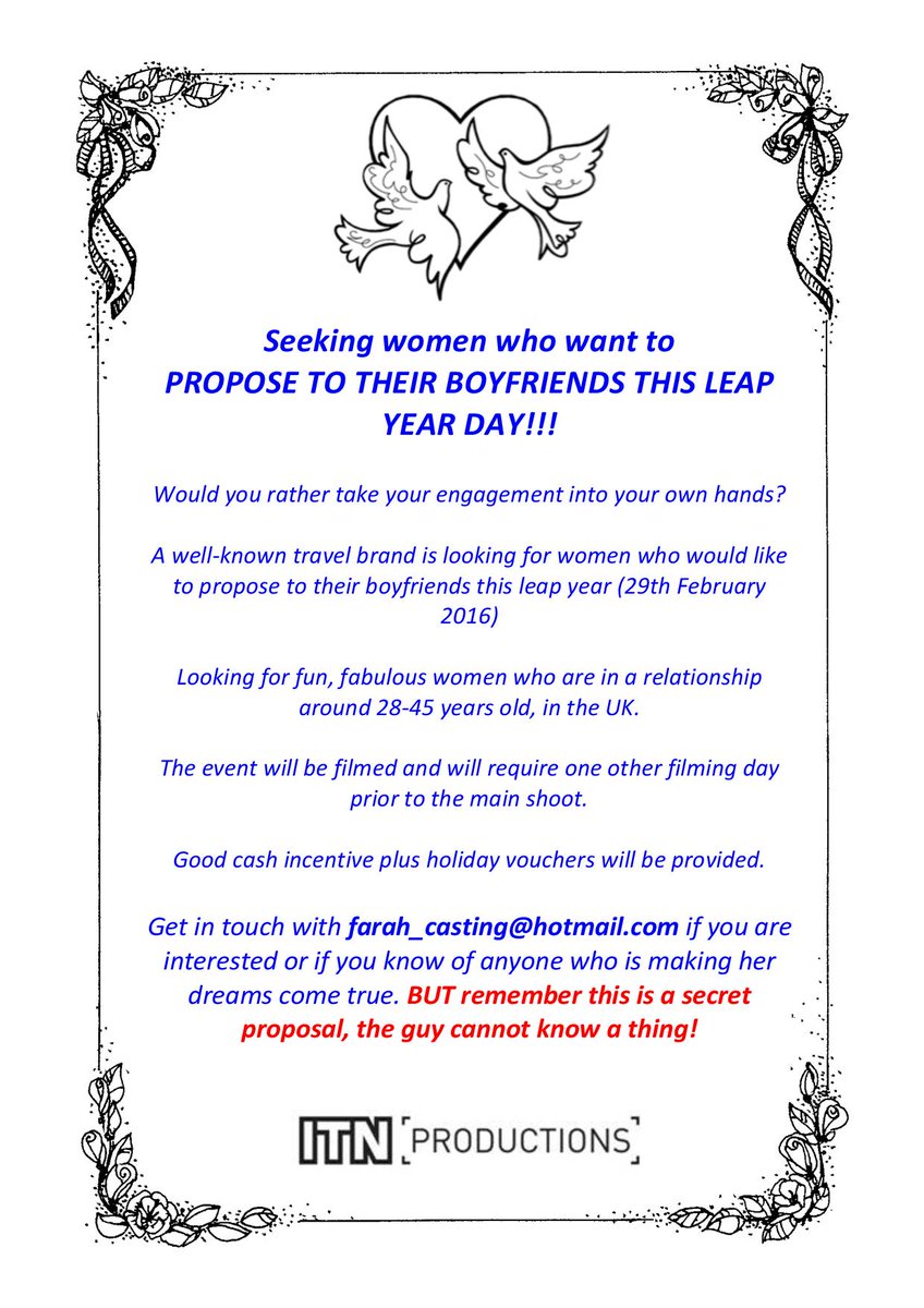 @Tynetheknot Pls RT: Seeking women who want to PROPOSE TO THEIR BOYFRIENDS ON LEAP YEAR DAY! #LeapYearEngagement