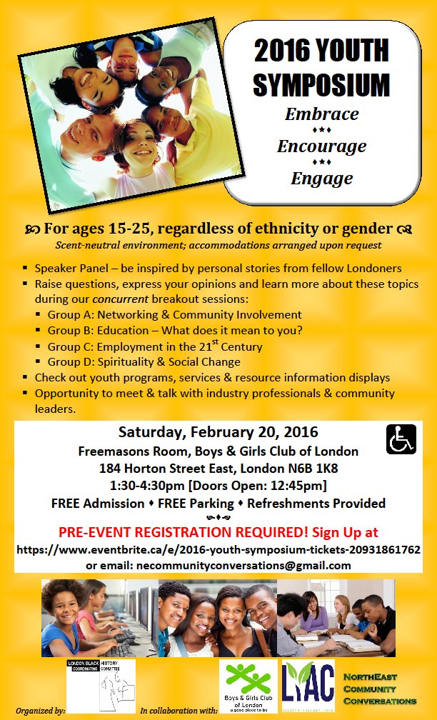 2016 Youth Symposium ~Embrace ~ Encourage ~ Engage ~
Sat Feb 20, 2016 1:30 - 4:30pm
eventbrite.ca/e/2016-youth-s…
