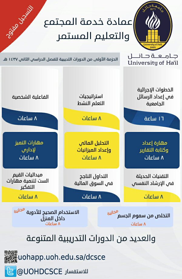 عمادة خدمة المجتمع والتعليم المستمر على تويتر الحزمة الأولى من البرامج التدريبية للفصل الدراسي الثاني للتسجيل Https T Co Nm5zqwfgpz جامعة حائل حائل رتويت Https T Co Pwgbzww8xo
