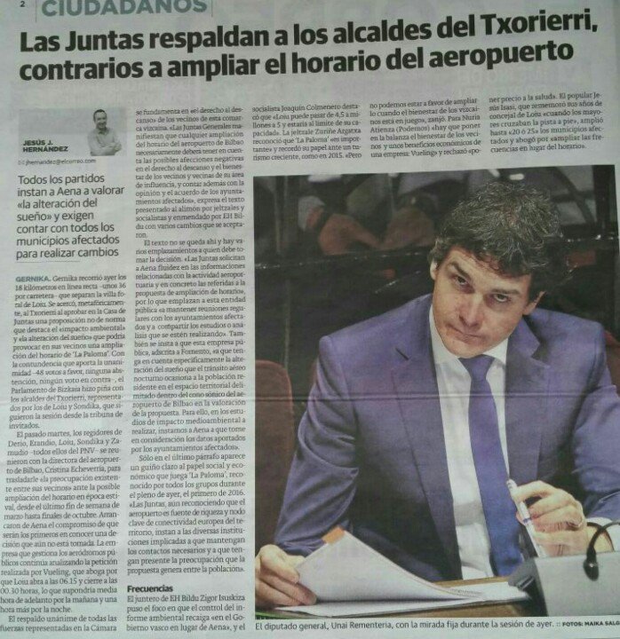 Las Juntas nos respaldan a los Alcaldes del #Txorierri para no ampliar el horario del Aeropuerto de #LOIU