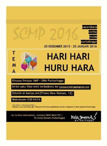 km pelajar SMP/SMA? hobi nulis fiksi? kl iya, wjb ikut Sayembara Cerita Muda Purbalingga, pndaftrn dprpanjang 30 Jan