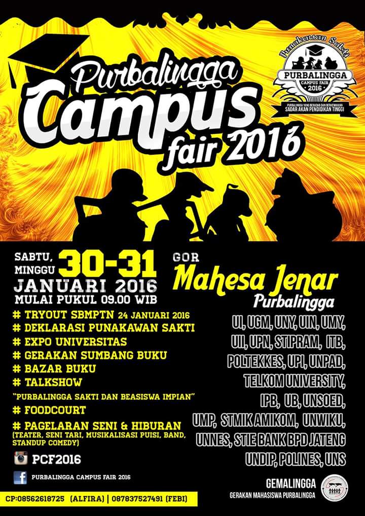 Purbalingga Campus Fair 2016, Sabtu-Minggu 30-31 Jan 2016, di GOR Mahesa Jenar #EventPurbalingga #Gemalingga