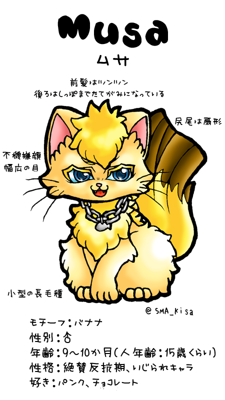 佐藤キサ 妃惺 8 7 モノ アイ展４ Sma Kisa ムサ バナナの猫 9 10ヶ月 人間だと15歳くらい 姉3人の末っ子長男 絶賛反抗期 パンクやv系に憧れてる 年上猫とアナナスにからかわれる パメロウとキルシェが親友 マンダリンが好き フルーツ