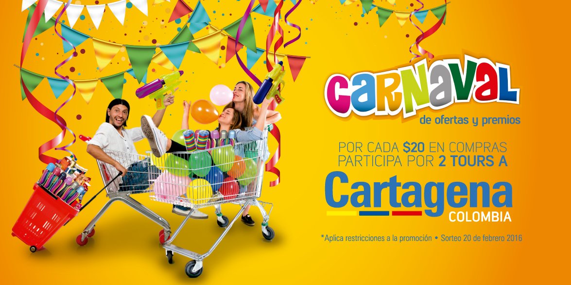 Vive un #Carnaval de ofertas y premios. Por cada $20 en compras participa por dos tours a #Cartagena.