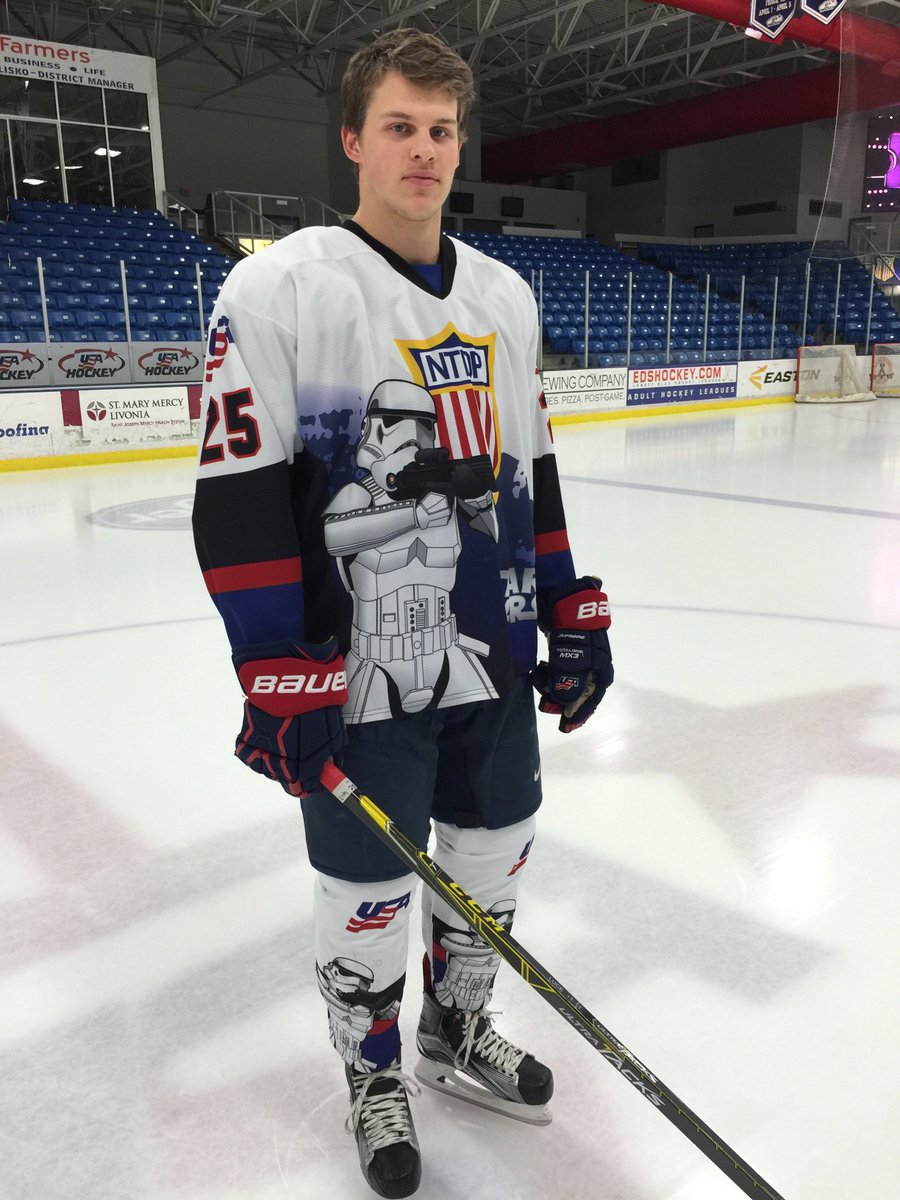 USAHockeyNTDP's tweet photo. A few stills of @GriffinLuce in the #StarWars jersey the U18s will wear Saturday vs. Green Bay! #GBGvsUSA https://t.co/CkE3OK0XaS
