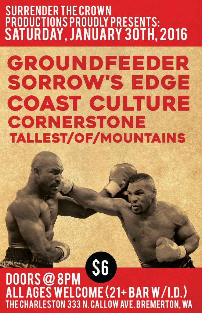 Saturday at The Charleston!  <a href="/GroundfeederNW/">Groundfeeder</a> <a href="/SorrowsEdgeBand/">Sorrow's Edge</a> <a href="/coastcultureWA/">Coast Culture</a> <a href="/TallestOfMts/">TallestOfMountains</a> @CORNERSTONEPNW 8pm/$6!