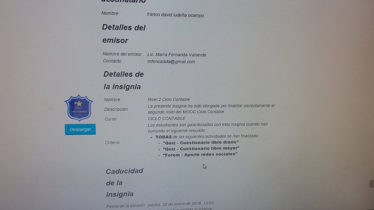 DavidLudna's tweet photo. #moocs #contabilidadbf insignia obtenido por superar el nivel dos https://t.co/wj30OrKRjj