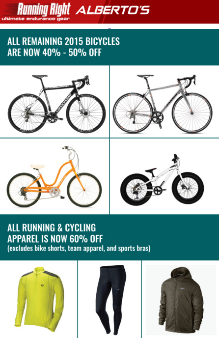 DowntownHP's tweet photo. 50% off all 2015 #bicycles &amp; all #running/#cycling apparel is now 60% off at #RunningRight https://t.co/uemtv2eOKj https://t.co/B5GOCY9sCZ