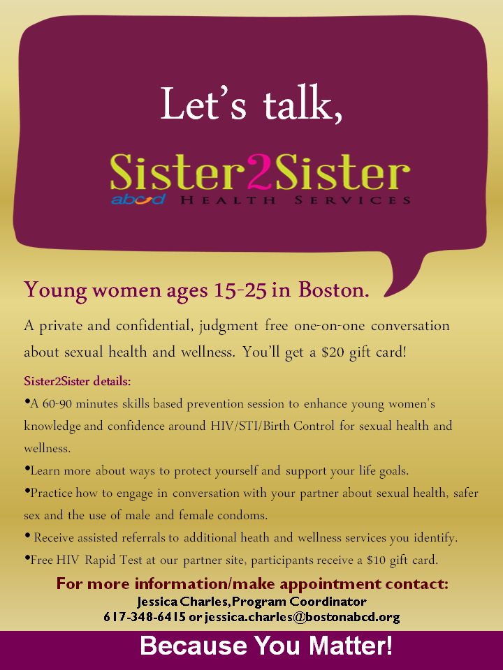 abcdcpprograms's tweet photo. Are you a young woman 15-25 living in #Boston Schedule your Sister 2 Sister2Sister session. https://t.co/nmzrFVOsdA https://t.co/uv1wtykZRP