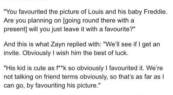 WorldZquad's tweet photo. Zayn hablando sobre por qué le marcó favorito a la foto de Louis con Freddie: https://t.co/oh6CwOPcRv