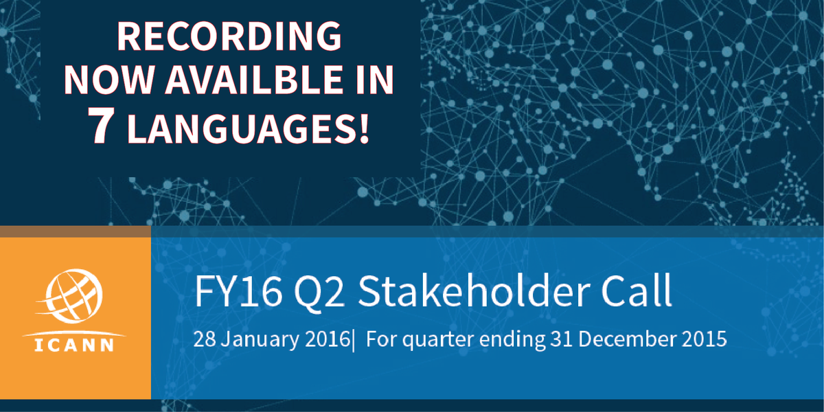 icann_president's tweet photo. Missed #ICANN’s FY16 Q2 Stakeholder Call? Recording is now available here in 7 languages >> https://t.co/PEkJxW3f4y https://t.co/4MrnEy6Gmn