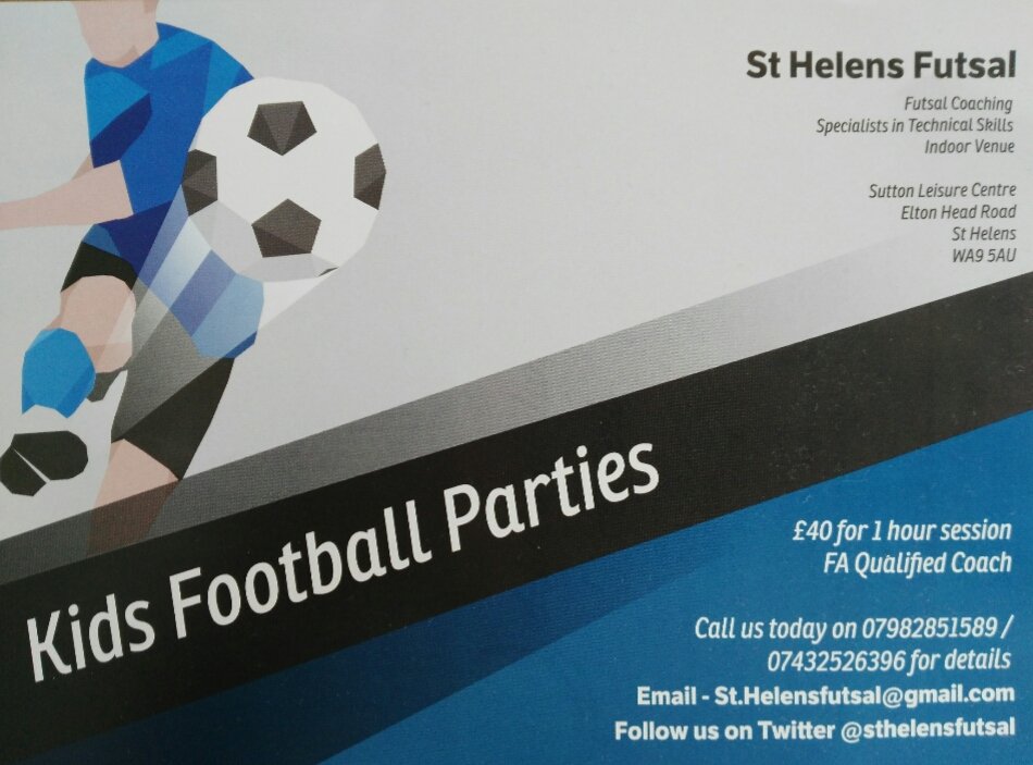 StHelensFutsal's tweet photo. #sthelenshour Special offer, 2 hour Futsal party for only £60.  This includes venue hire and coaching.  Book now. https://t.co/vEDmjEx8TW